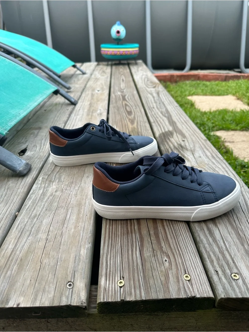 Boys Casual Navy Leather-Trim Sneakers